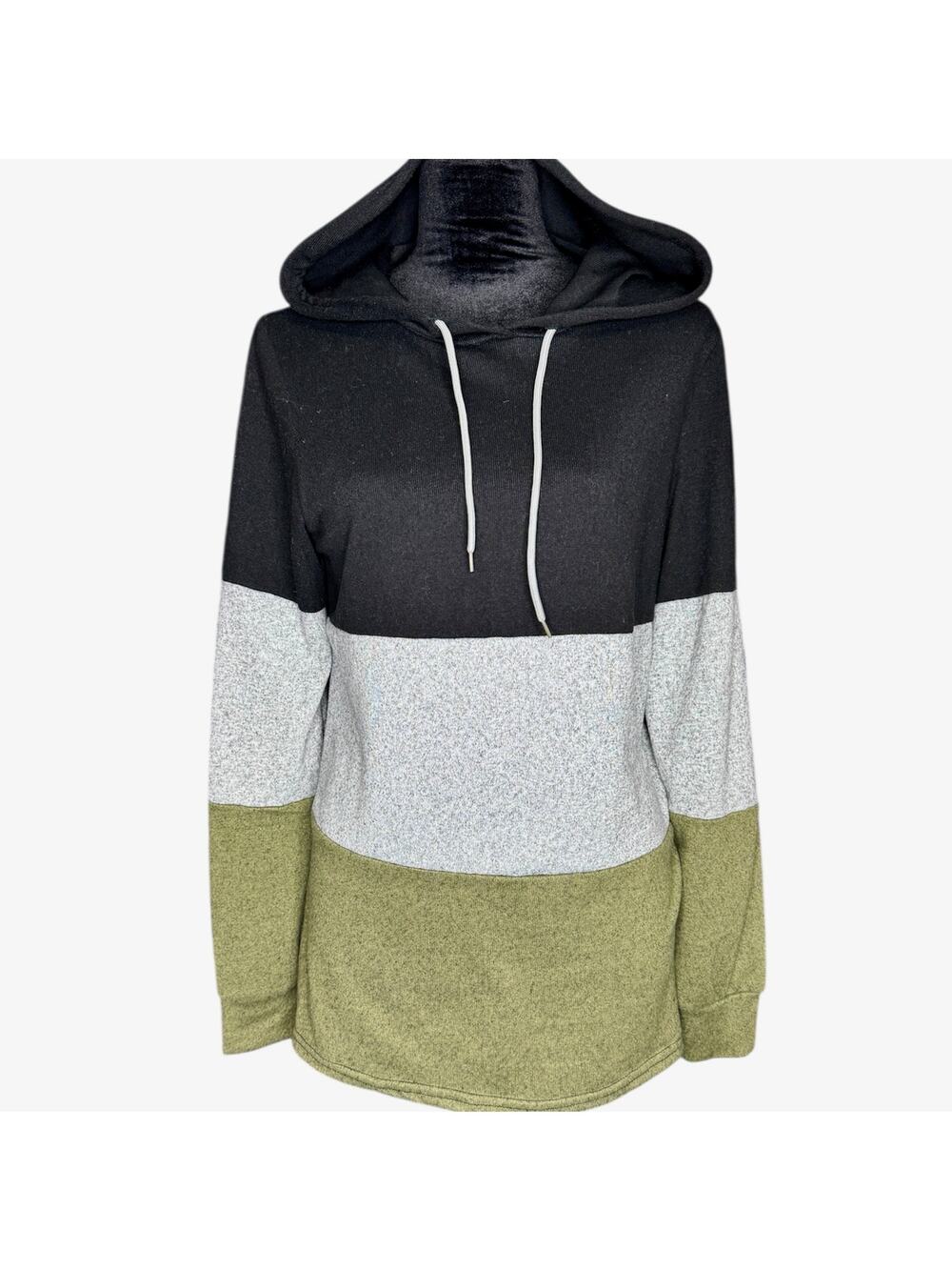 SHEIN Black Heather Gray Green Colorblock Striped Sweater Hoodie Medium